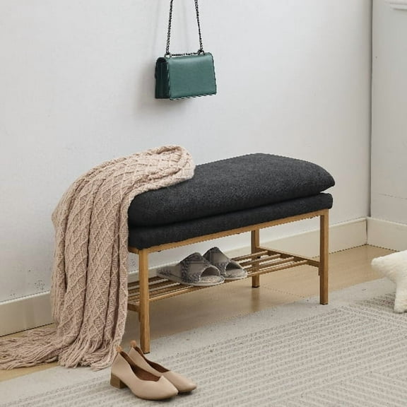End of Bed Bench with Shelf Linen Upholstered Storage Shoe Bench Modern Bedroom Bench with Metal Legs for Living Room Entryway Dining Room Black