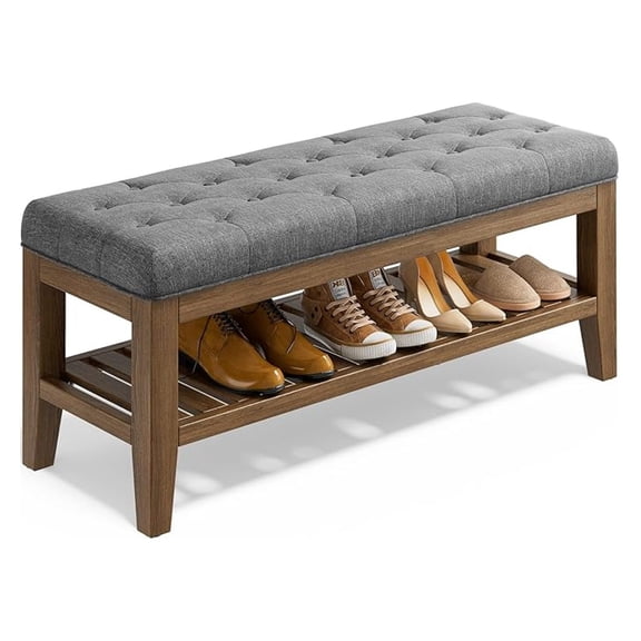 End of Bed Storage Bench, 42.9" Shoe Organizer with Shelf, Upholstered Ottoman for Bedroom, Hallway, Dark Gray