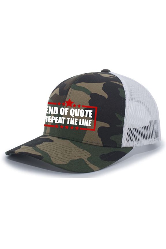 End of Quote Repeat The Line Mens Funny Patriotic Mesh Back Trucker Hat, Army/White