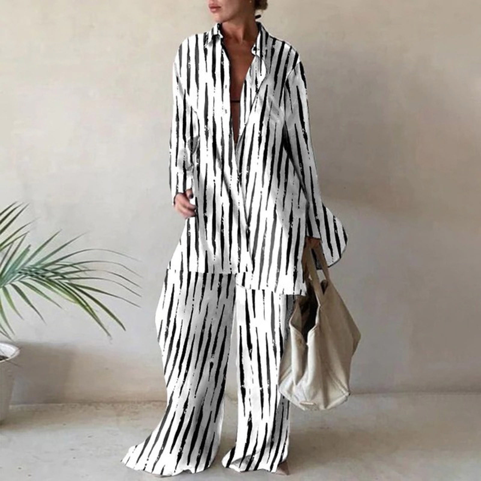 End-of-year Savings! Tejiojio Deals Ladies Funny Casual Trend Print Loose  Long Sleeve Shirt Straight Leg Pants Suit Women 