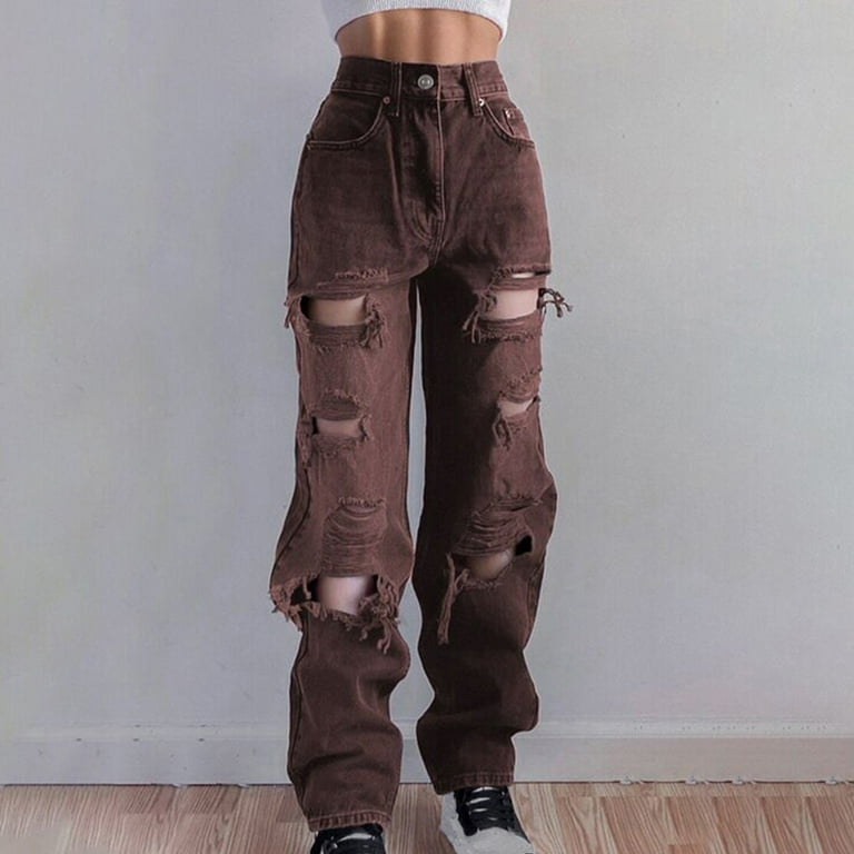 End-of-year Savings! Tejiojio Deals Women Fashion High Waist Pocket Solid  Loose Wide Straight Leg Jeans Hole Pants