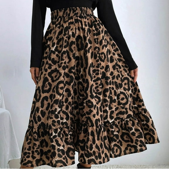 End-of-year Savings! Tejiojio Women's Funny Mid Long Leopard Print High Waist A-line Skirt Skirt