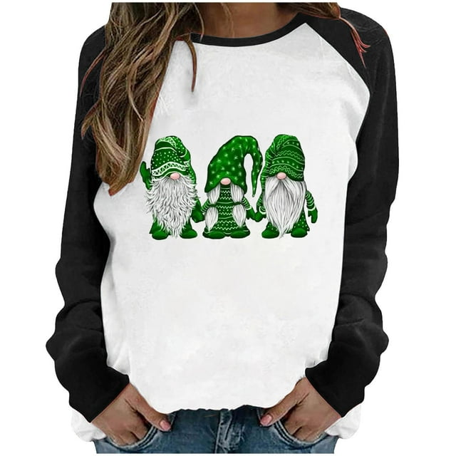 End-of-year Savings! Tejiojio Deals Women's Spring Patchwork St. Patrick's Day Printed Long Sleeves Round Neck Tee Tops