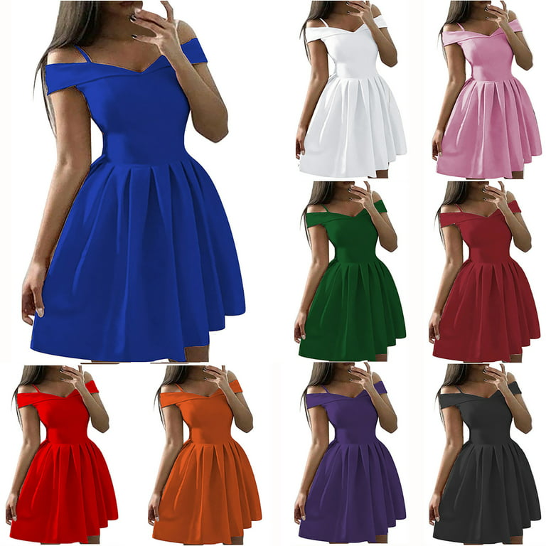 End-of-year Savings!Tejiojio Women's Solid Color Bra Off Shoulder Dress  Waist Pleated Dress Dress Large Swing Ball Dress 