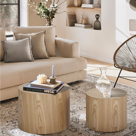 End table Modern Farmhouse Round Accent Nesting Side Coffee Table Set (Set of 2) Drum Natural Rustic Oak Farmhouse, Rustic End Tables