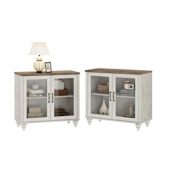 Farmhouse End Tables with 4-Glass Door, Kitchen Storage Cabinets, Wood Coffee Bar End Tables with Adjustable Shelf for Dining Room, Living Room, Rustic White