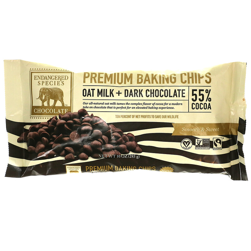 Endangered Species Chocolate, Premium Baking Chips, Oat Milk + Dark Chocolate, 55 Cocoa, 10 oz