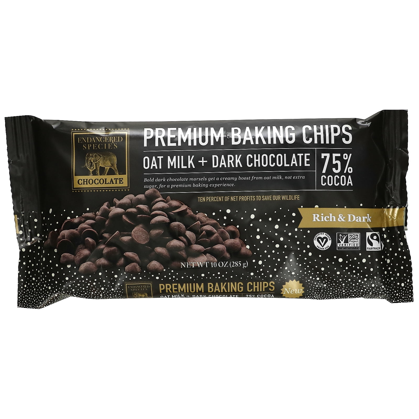 Endangered Species Chocolate, Premium Baking Chips, Oat Milk + Dark Chocolate, 75 Cocoa, 10 oz