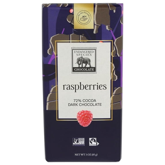 Endangered Species Chocolate Tart Raspberries Dark Chocolate Bar 72 Cocoa 3 oz