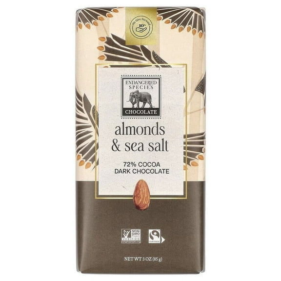 Endangered Species Dark Chocolate 72% Cocoa Bar Vegan Glulten Free Sea Salt and Almonds 3 oz Pack of 2