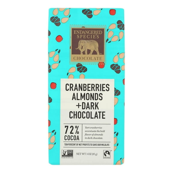 Endangered Species Dark Chocolate 72% Cocoa Bar Vegan Gluten Free Cranberry and Almonds 3 oz