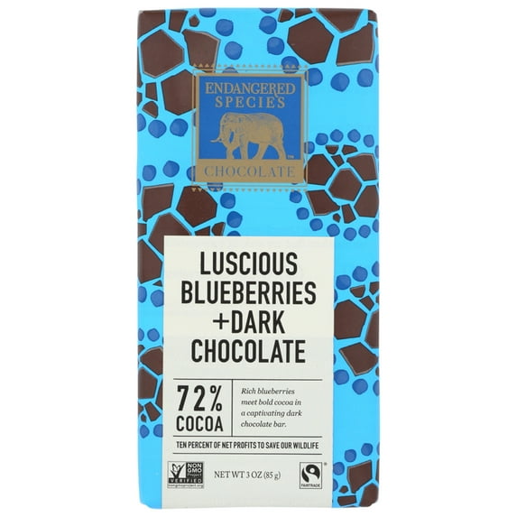 Endangered Species Luscious Blueberries + Dark Chocolate 72% Cocoa Bar Blueberry 1 Bar Pack of 4