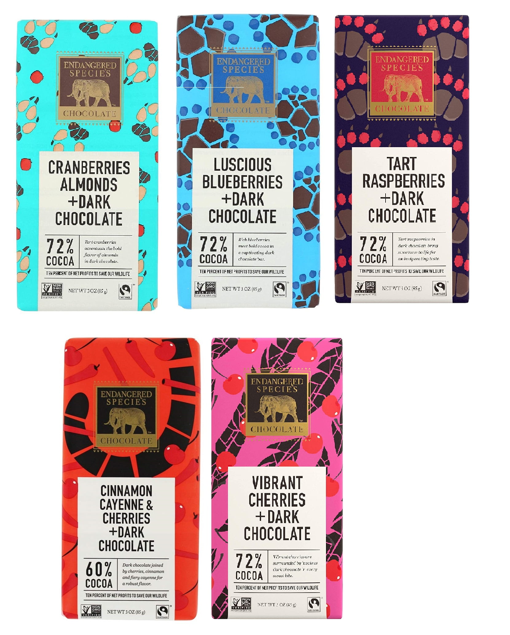 Endangered Species Mix of 5 delicious flavors. Berry lovers. 3 Oz each. Dark Chocolate.