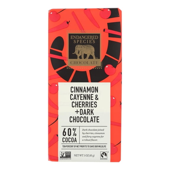 Endangered Species Natural 60% Dark Chocolate Bar Cinnamon Cayenne & Cherries 3 oz Pack of 3