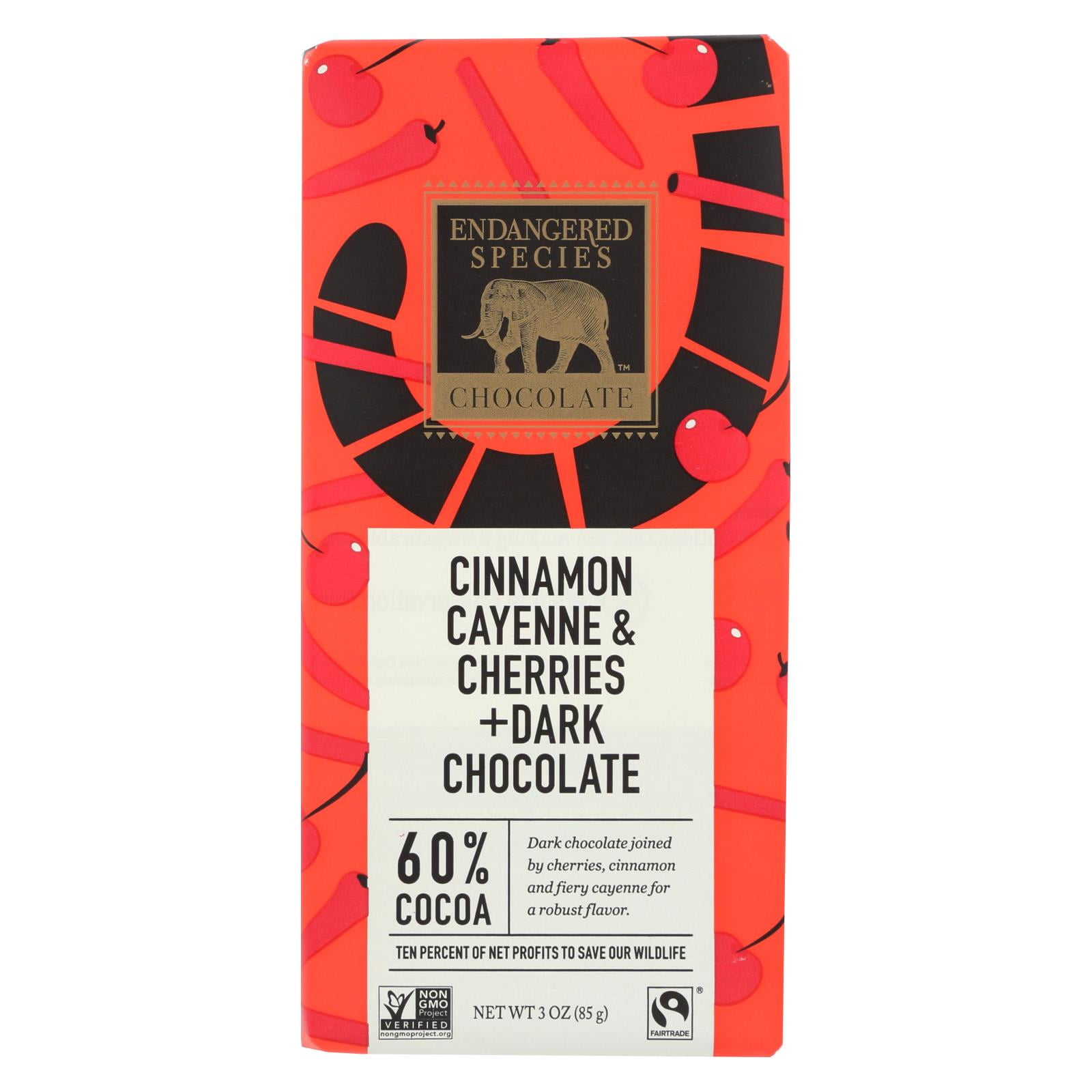 Endangered Species Natural Chocolate Bars - Dark Chocolate - 60 Percent Cocoa - Cinnamon Cayenne And Cherries - 3 Oz Bars - Case Of 12