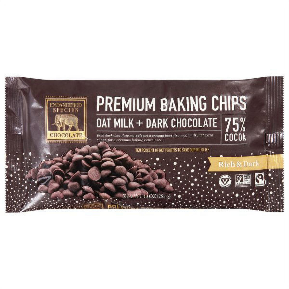 Endangered Species Premium Baking Chips Oat Milk + Dark Chocolate 75 Cocoa Rich & Dark 10