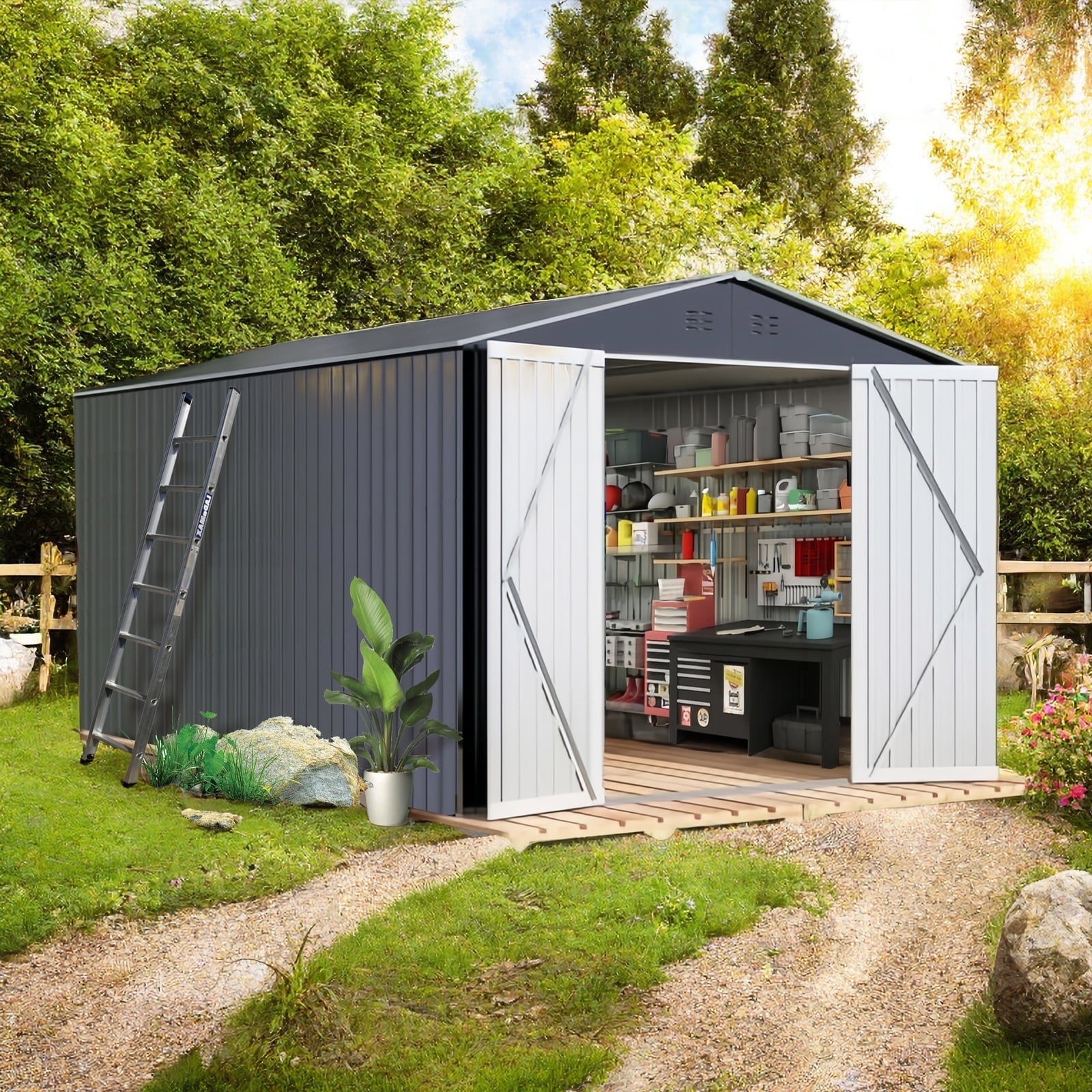 Gray Galvanized Steel Outdoor Storage Shed with Sloped Roof