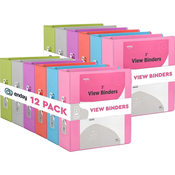 Enday 3 Inch Binder 3 Ring Binders with Pockets for Home, Office, School Supplies Organization, Multicolor 12 Pc