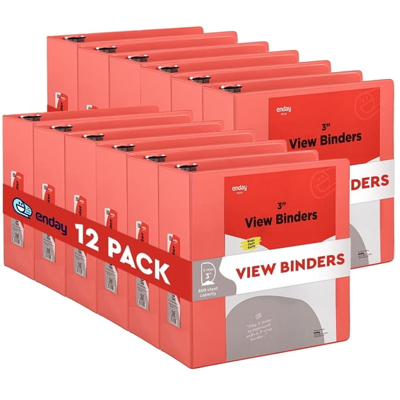 Enday 3 Inch Binder 3 Ring Binders with Pockets for Home, Office, School Supplies Organization, Red 12 Pc