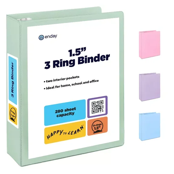 Enday 3 Ring Binder, Round Ring Pastel With Clear View Cover for Letter Size 8.5 x 11'' Paper & 2 Inside Pockets 1.5-Inch Green