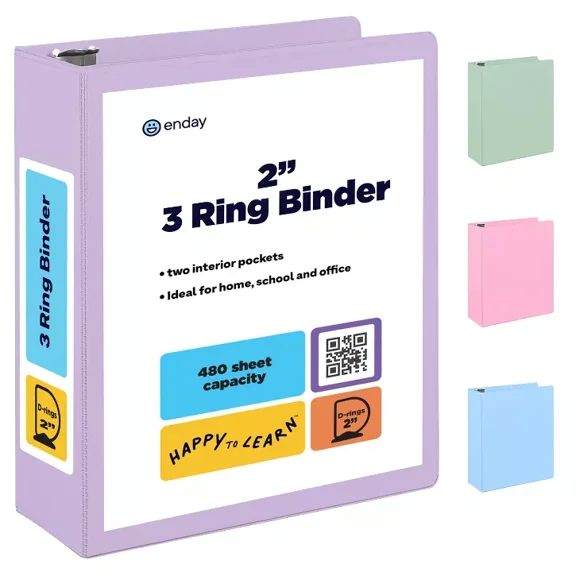 Enday 3 Ring Binder, Round Ring Pastel With Clear View Cover for Letter Size 8.5 x 11'' Paper & 2 Inside Pockets 2-Inch Purple