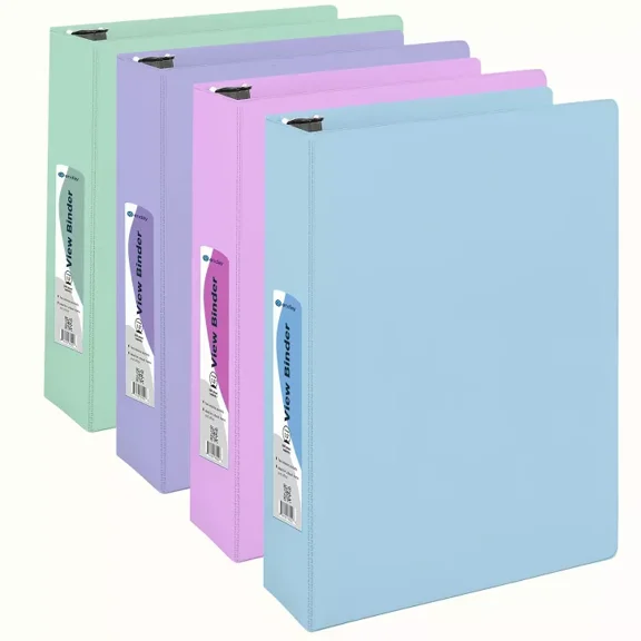 Enday 3 Ring Binder, Round Ring Pastel With Clear View Cover for Letter Size 8.5 x 11'' Paper & 2 Inside Pockets, 4 Pack 1.5-Inch