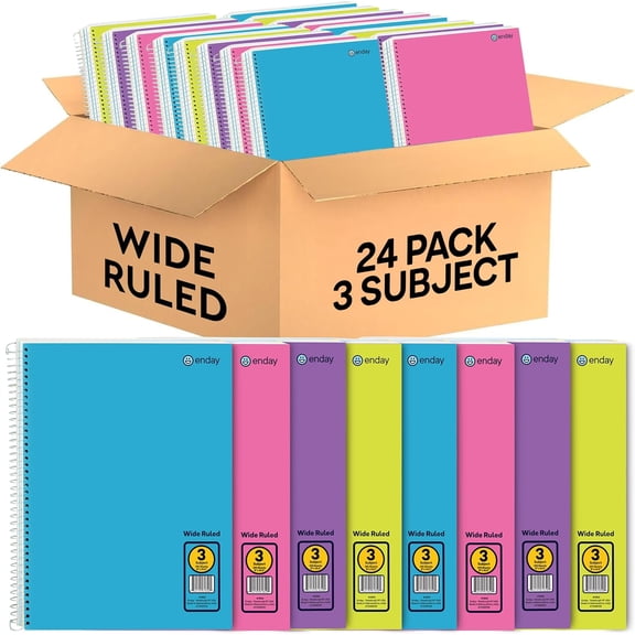 Enday 3 Subject Spiral Notebooks, Wide Ruled, 120 Sheets White Paper Ideal for Class Assignments, Homework, Planning and General Notes (Pack of 24)