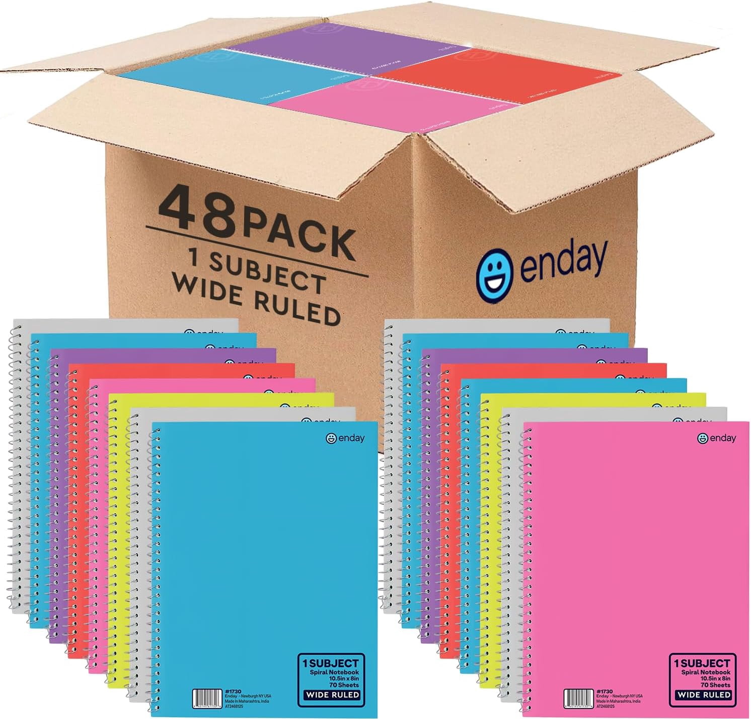 Enday 48 Pack, 1 Subject Spiral Notebook Wide Ruled Bulk, Hardcover Spiral Bound Notebooks for School and College, 140 Pages (70 Sheets) 3 Hole Punched Notebook, Multicolor