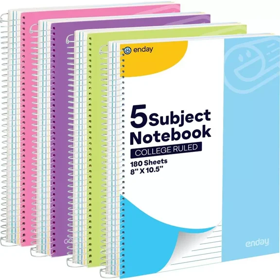 Enday 5 Subject Notebook College Ruled Spiral White Paper 180 Sheets Perfect for Writing Sketching in class, Home, Office (Pack of 4)