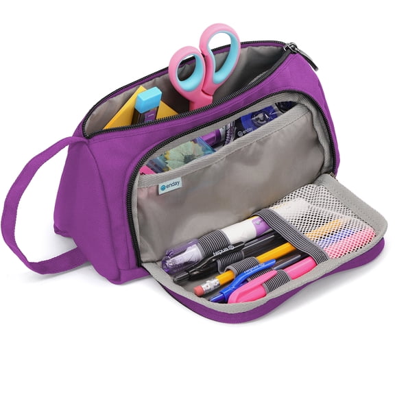 Enday Big Capacity Pencil Case, 3 Compartments Pencil Bags with Zipper, Large Capacity Pencil Pouch, Cute Pencil Case Organizer, Zipper Pencil Pouches, Purple