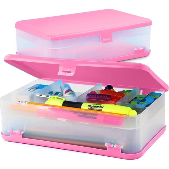 Enday Pencil Box Blue, Large Capacity Plastic Double Deck Box with 12 Compartments, Plastic Pencil Box with Snap-Tight Lid, Hard Pencil Case Storage Organizer Pencil Boxes