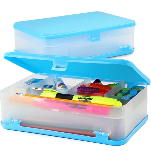 Enday Pencil Box Blue, Large Capacity Plastic Double Deck Box with 12 Compartments, Plastic Pencil Box with Snap-Tight Lid, Hard Pencil Case Storage Organizer Pencil Boxes