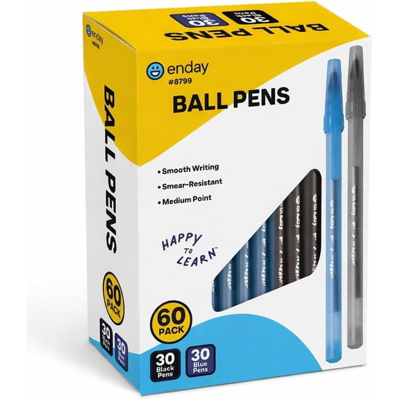 Enday Pens Ballpoint (60 Pack) 30 Blue & 30 Black Pens, Ink Pens Bulk, Medium Point 1.0mm, Smooth Writing Ballpoint Pens, Comfortable Grip Ball Point Pens Black, Quick Dry Ink.