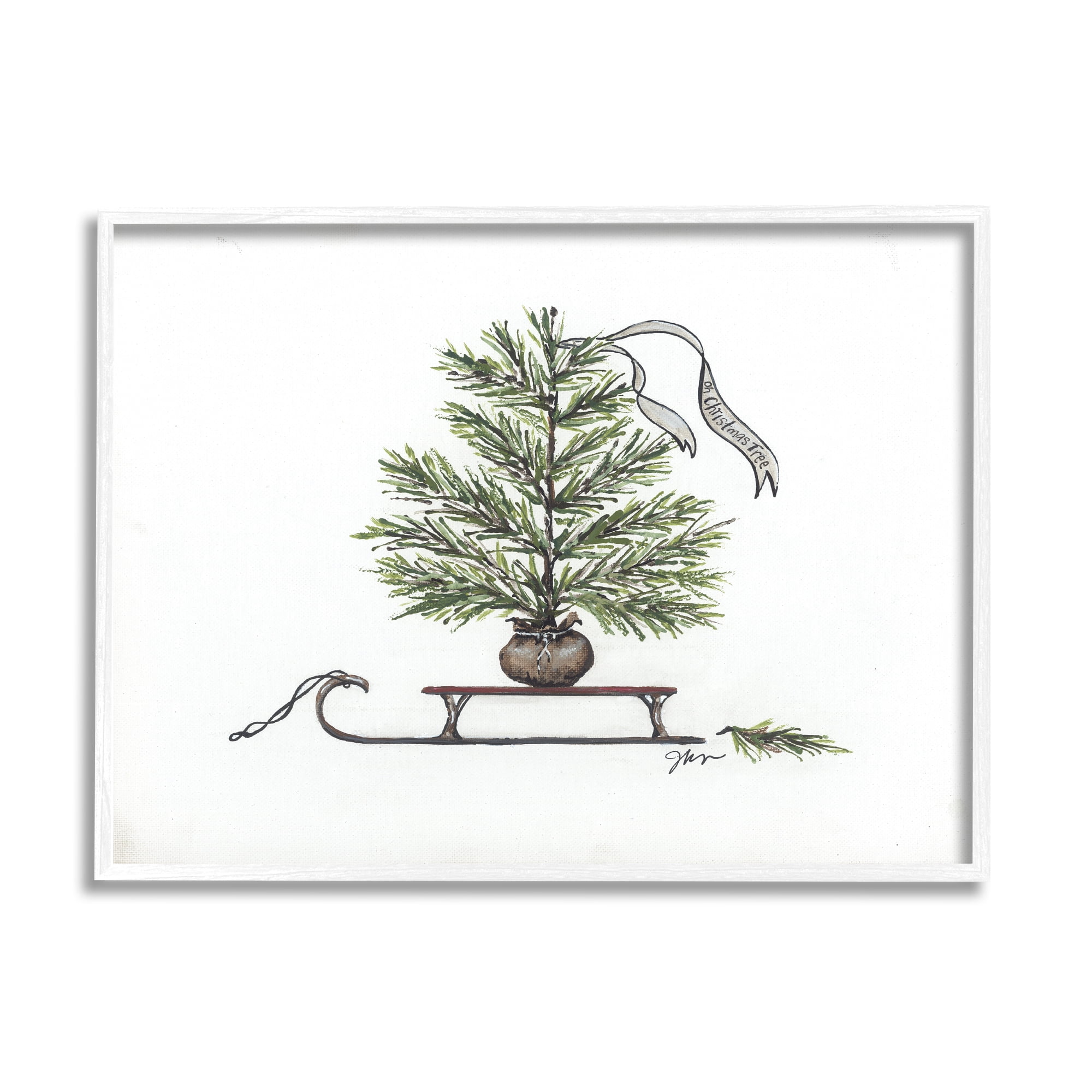 Endearing Christmas Fir Tree Sleigh Festive Ribbon Botanical & Floral Painting Framed Art Print Wall Art