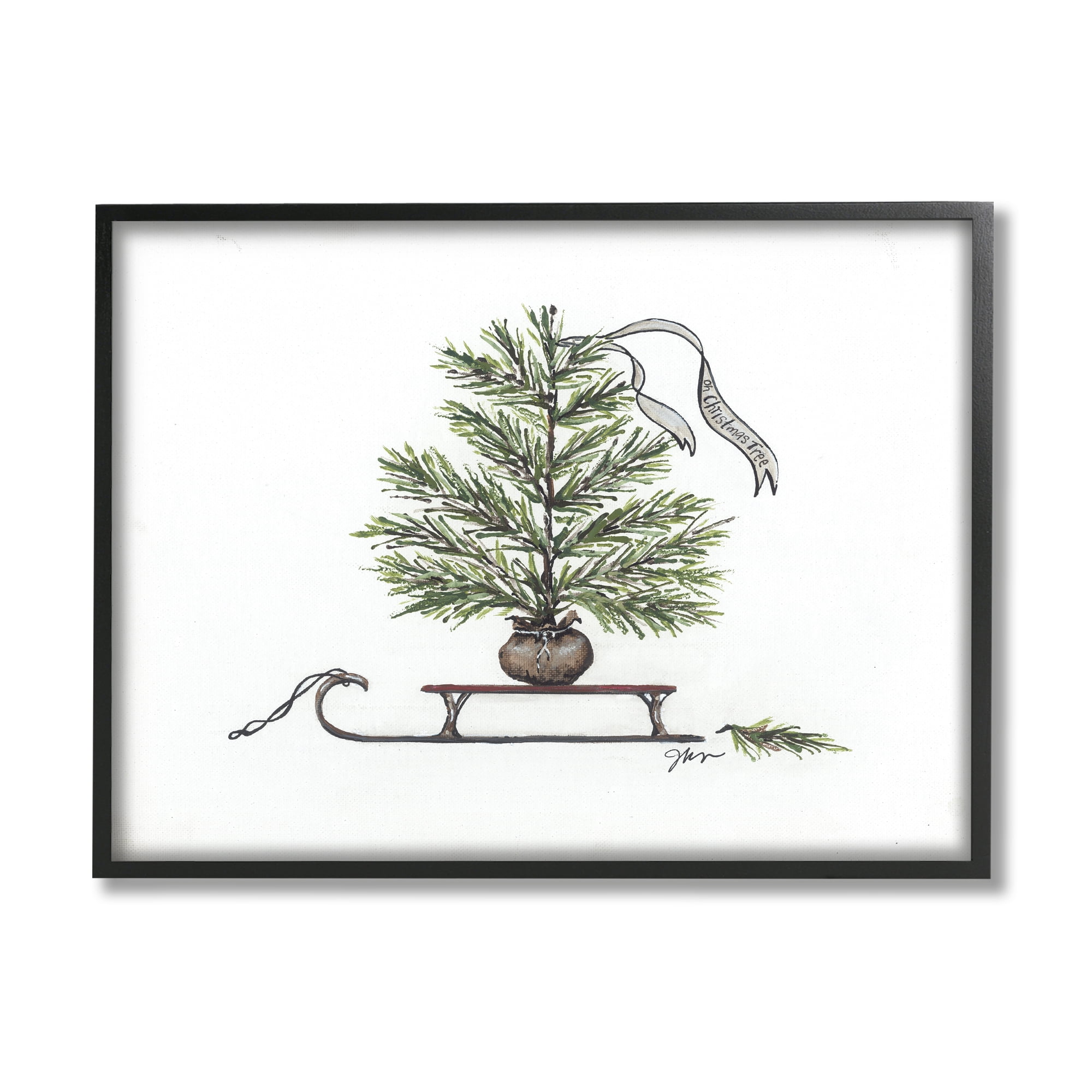 Endearing Christmas Fir Tree Sleigh Festive Ribbon Botanical & Floral Painting Framed Art Print Wall Art