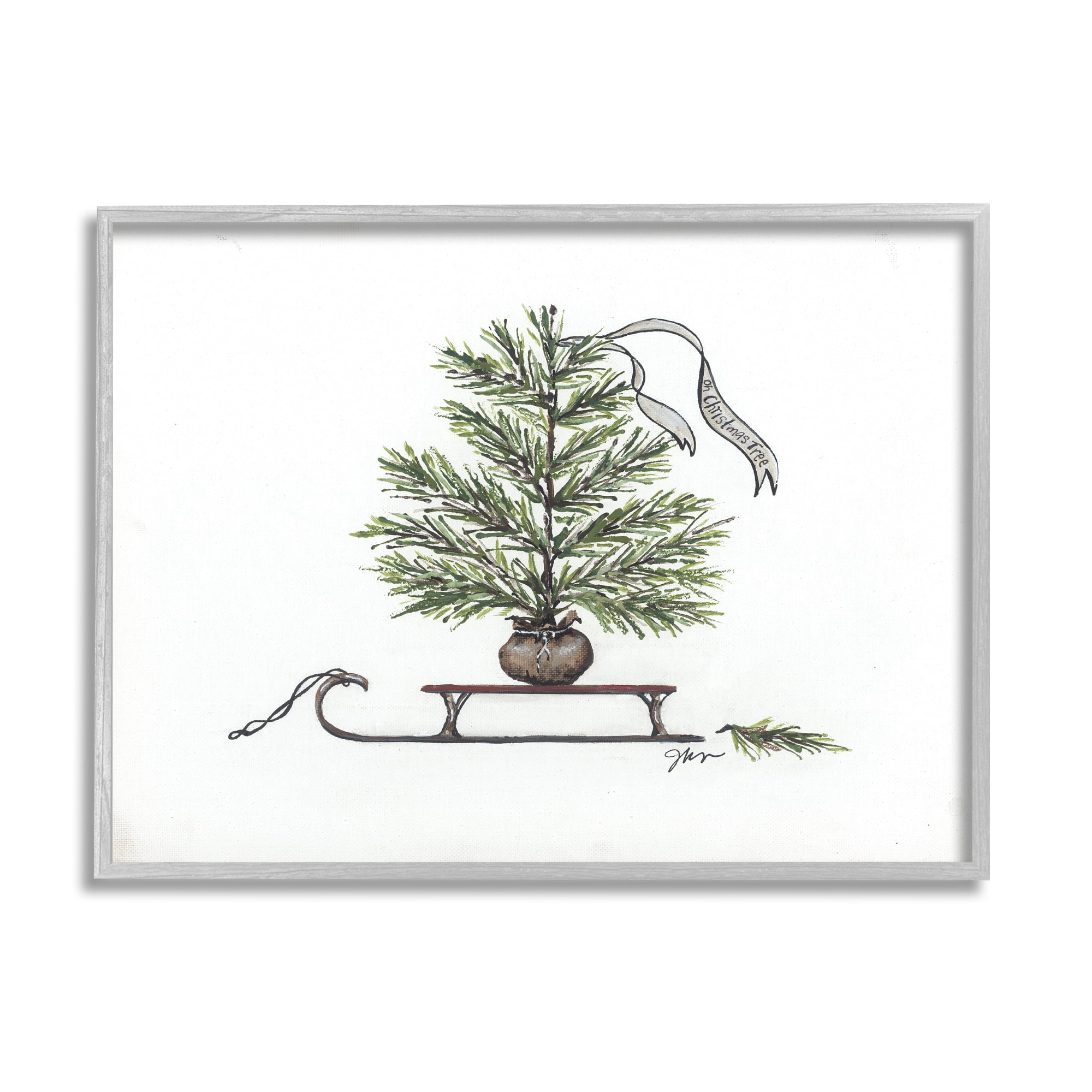 Endearing Christmas Fir Tree Sleigh Festive Ribbon Botanical & Floral Painting Framed Art Print Wall Art