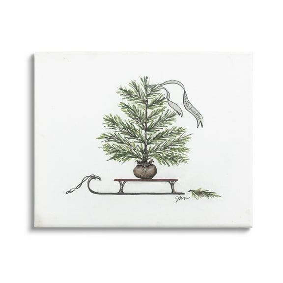 Endearing Christmas Fir Tree Sleigh Festive Ribbon Botanical & Floral Painting Gallery-Wrapped Canvas Print Wall Art