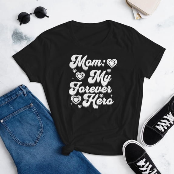 Endearing Mother - Appreciation Themed Art Tee,Tops Showcases "Mom: My Forever Hero" Text with Heart Illustrations, Round Neck Regular Fit T - shirts, Size(S - 5XL)