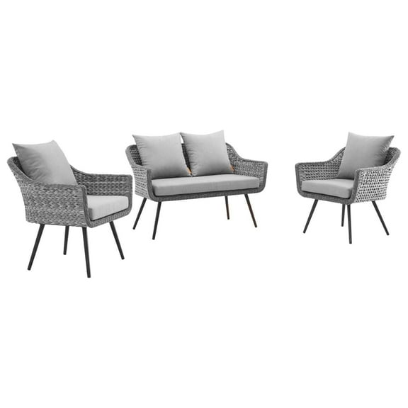Modway Endeavor 3 Piece Outdoor Patio Wicker Rattan Loveseat and Armchair Set in Gray Gray
