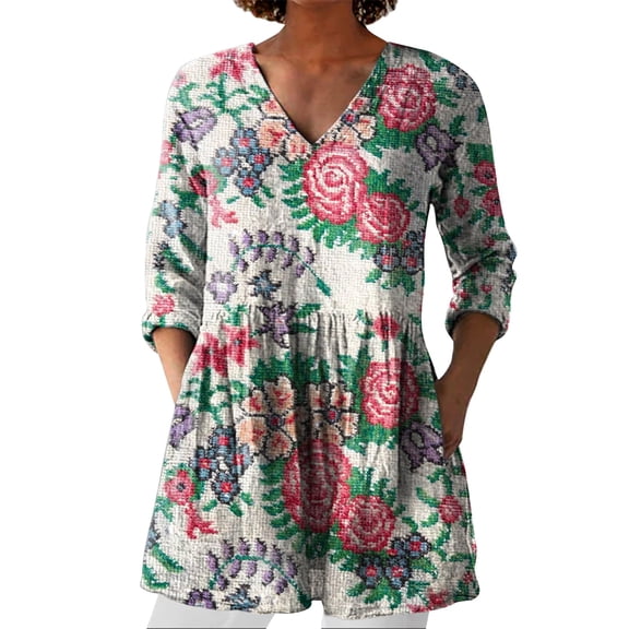 Endives 2025 New Women's Summer Printed Group Shirt Women's Linen V Neck Casual Shirt