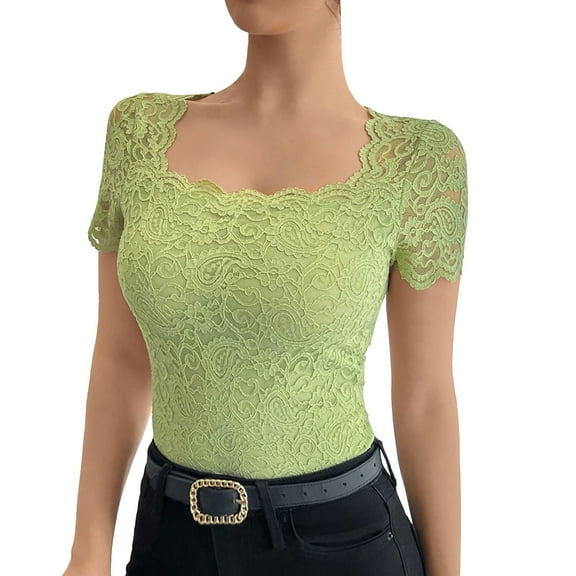 Endives 2025 Spring/summer New Women's Shirts Solid Color Lace Slim Square Short Sleeve T Shirt Top