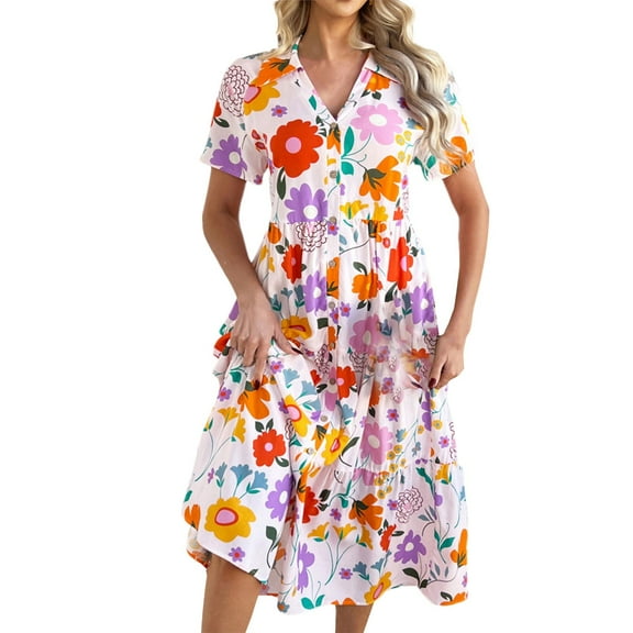 Endives 2025 Womens Summer Button Down Floral Maxi Dress Ruffle V Neck Short Sleeve