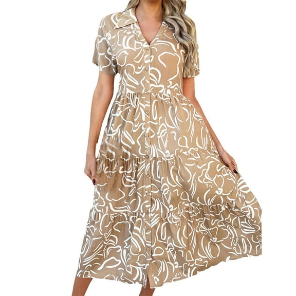 Endives 2025 Womens Summer Button Down Floral Maxi Dress Ruffle V Neck Short Sleeve