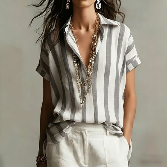 Endives Boho Tops For Women Striped Short Sleeve Shirt V Neck Loose Fit Blouses Collared Business Casual Outfits for Women Going Out Top Summer Trendy Grey S