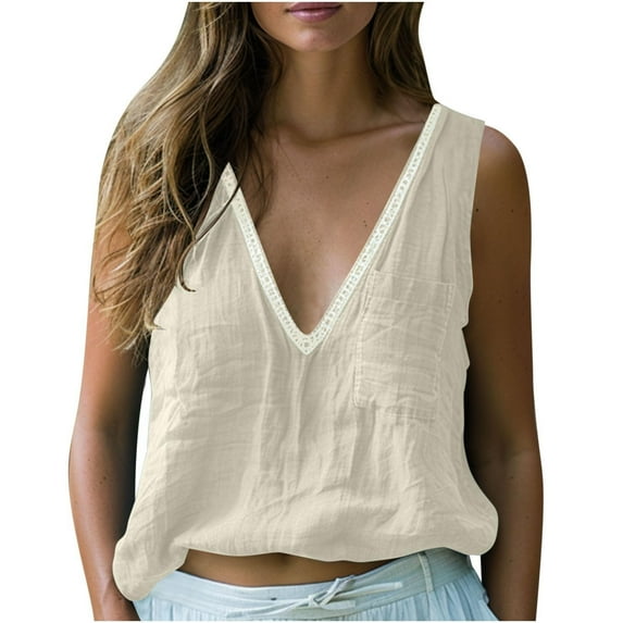 Endives Cotton Linen Tank Tops For Women Loose Sleeveless Lace V Neck Tee Shirts Summer Casual Blouses Tunic Top With Pocket
