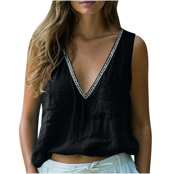 Endives Cotton Linen Tank Tops For Women Loose Sleeveless Lace V Neck Tee Shirts Summer Casual Blouses Tunic Top With Pocket