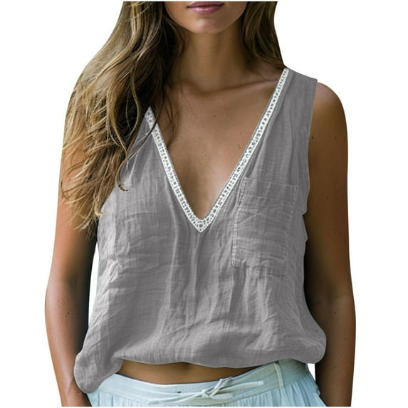 Endives Cotton Linen Tank Tops For Women Loose Sleeveless Lace V Neck Tee Shirts Summer Casual Blouses Tunic Top With Pocket