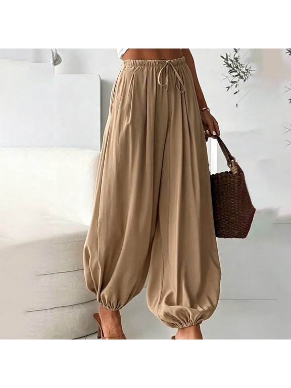 Harem Pants for Women Boho Style Elastic High Waisted Barrel Trousers Wide Leg Comfy Balloon Pants Breathable Baggy Pants