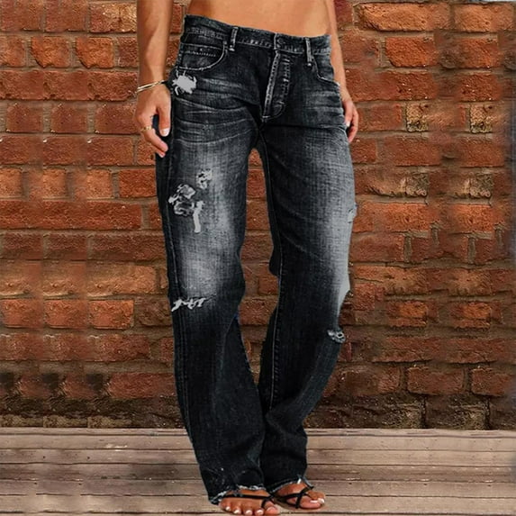 Endives Jeans for Women Straight Leg Jeans for Women Ripped Hem Low Waisted Jeans for Women