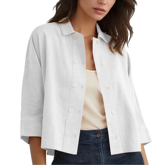 Endives Linen Shirts For Women Button Down Shirt Summer Solid Color Casual Half Sleeve Blouse Beach Loose Shirt Womens Tops White